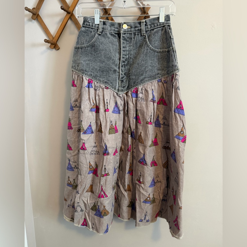 Vintage Sergio Valente Grey Acid Wash Denim Western Teepee Maxi Skirt Size 7